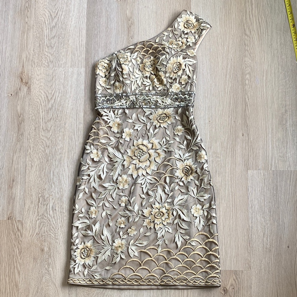 Sue Wong One Shoulder Gold Embroidered Cocktail Dress | Beaded Floral Mini